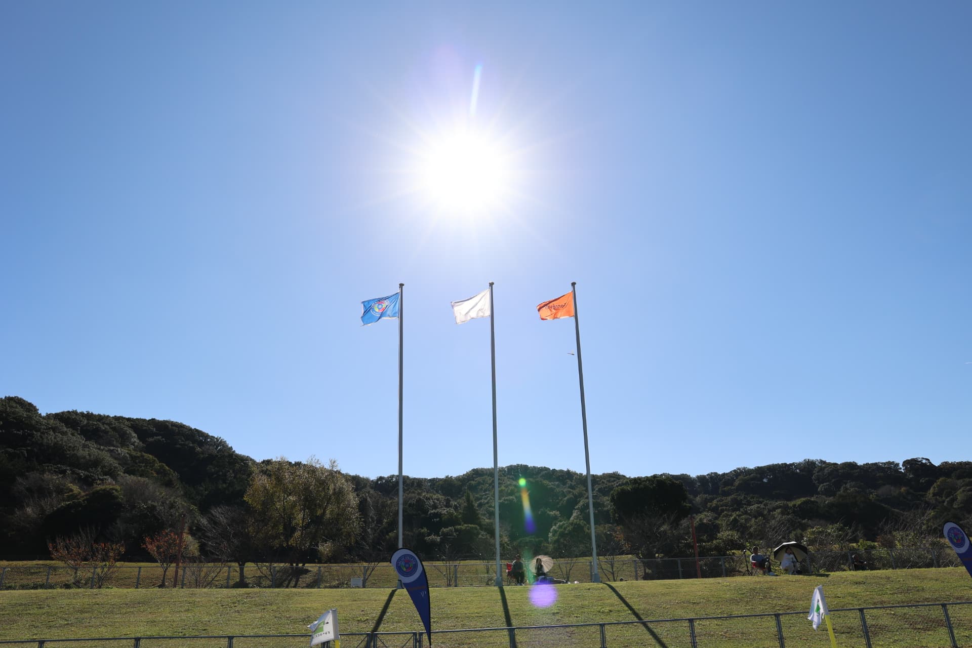 Flags and the pitch at VALUE VILLAGE under clear winter skies.
